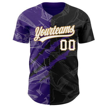 Custom Graffiti Pattern Black Purple-Old Gold 3D Scratch Authentic Baseball Jersey