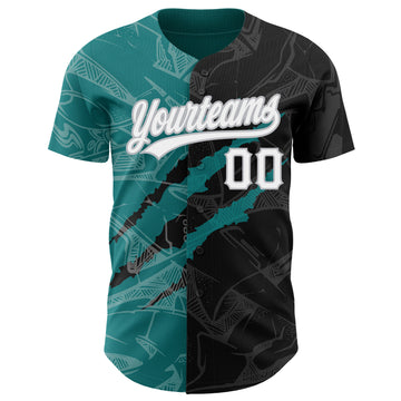 Custom Graffiti Pattern Black Teal-Gray 3D Scratch Authentic Baseball Jersey