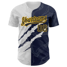 Load image into Gallery viewer, Custom Graffiti Pattern Navy-Gold 3D Scratch Authentic Baseball Jersey
