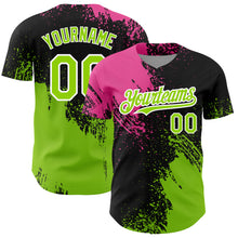 Load image into Gallery viewer, Custom Black Neon Green-Pink 3D Pattern Design Abstract Brush Stroke Authentic Baseball Jersey
