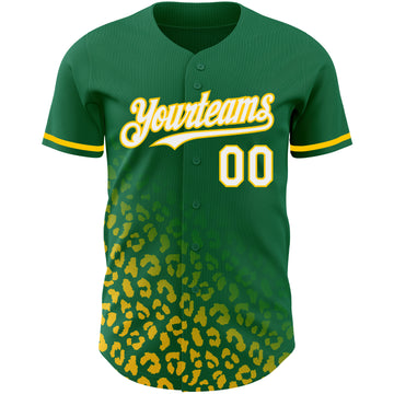 Custom Kelly Green White-Yellow 3D Pattern Design Leopard Print Fade Fashion Authentic Baseball Jersey