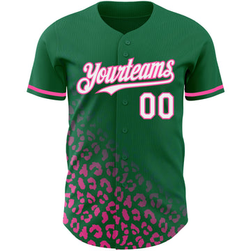 Custom Kelly Green White-Pink 3D Pattern Design Leopard Print Fade Fashion Authentic Baseball Jersey