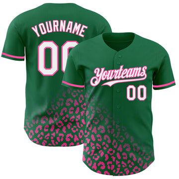 Custom Kelly Green White-Pink 3D Pattern Design Leopard Print Fade Fashion Authentic Baseball Jersey