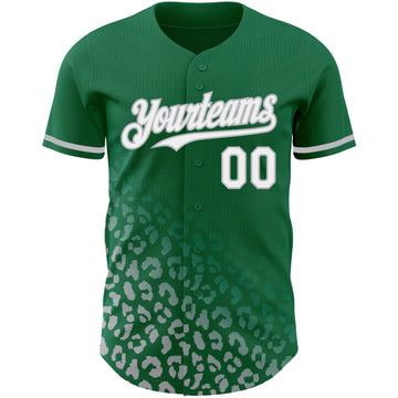 Custom Kelly Green White-Gray 3D Pattern Design Leopard Print Fade Fashion Authentic Baseball Jersey