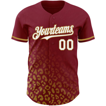 Custom Crimson White-Old Gold 3D Pattern Design Leopard Print Fade Fashion Authentic Baseball Jersey