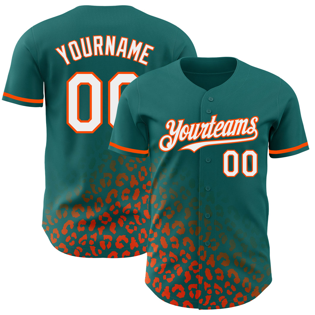 Custom Teal White-Orange 3D Pattern Design Leopard Print Fade Fashion Authentic Baseball Jersey