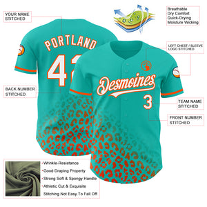 Custom Aqua White-Orange 3D Pattern Design Leopard Print Fade Fashion Authentic Baseball Jersey