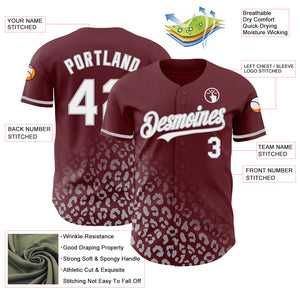 Custom Burgundy White-Gray 3D Pattern Design Leopard Print Fade Fashion Authentic Baseball Jersey