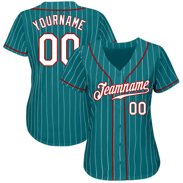 Custom Teal White Pinstripe White-Red Authentic Baseball Jersey