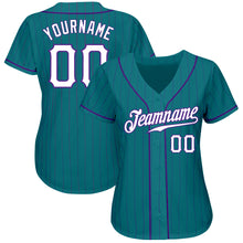 Load image into Gallery viewer, Custom Teal Purple Pinstripe White-Purple Authentic Baseball Jersey
