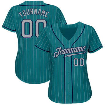 Custom Teal Gray Pinstripe Gray-Navy Authentic Baseball Jersey