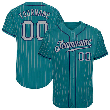 Custom Teal Gray Pinstripe Gray-Navy Authentic Baseball Jersey