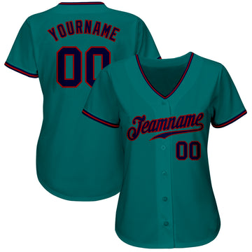 Custom Teal Navy-Red Authentic Baseball Jersey