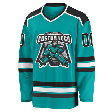 Custom Aqua Black-White Hockey Jersey
