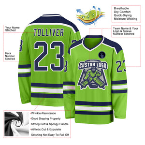 Custom Neon Green Navy-White Hockey Jersey