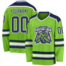 Load image into Gallery viewer, Custom Neon Green Navy-White Hockey Jersey
