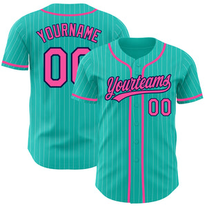 Custom Aqua White Pinstripe Pink-Navy Authentic Baseball Jersey