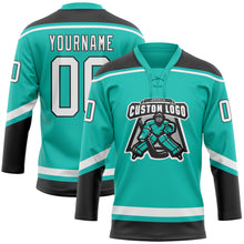 Load image into Gallery viewer, Custom Aqua White-Black Hockey Lace Neck Jersey
