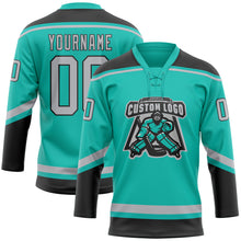 Load image into Gallery viewer, Custom Aqua Gray-Black Hockey Lace Neck Jersey
