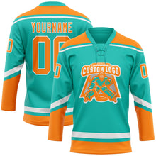 Load image into Gallery viewer, Custom Aqua Bay Orange-White Hockey Lace Neck Jersey
