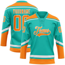 Load image into Gallery viewer, Custom Aqua Bay Orange-White Hockey Lace Neck Jersey
