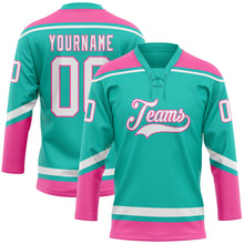 Load image into Gallery viewer, Custom Aqua White-Pink Hockey Lace Neck Jersey
