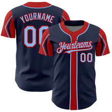 Load image into Gallery viewer, Custom Navy Light Blue-Red 3 Colors Arm Shapes Authentic Baseball Jersey
