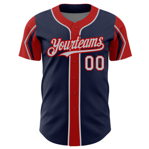 Custom Navy Gray-Red 3 Colors Arm Shapes Authentic Baseball Jersey