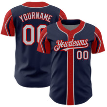 Load image into Gallery viewer, Custom Navy Gray-Red 3 Colors Arm Shapes Authentic Baseball Jersey
