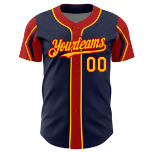 Custom Navy Gold-Red 3 Colors Arm Shapes Authentic Baseball Jersey