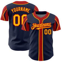 Load image into Gallery viewer, Custom Navy Gold-Red 3 Colors Arm Shapes Authentic Baseball Jersey

