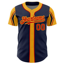 Load image into Gallery viewer, Custom Navy Red-Gold 3 Colors Arm Shapes Authentic Baseball Jersey
