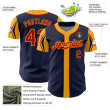 Load image into Gallery viewer, Custom Navy Red-Gold 3 Colors Arm Shapes Authentic Baseball Jersey
