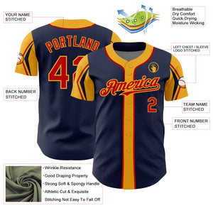 Custom Navy Red-Gold 3 Colors Arm Shapes Authentic Baseball Jersey