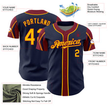 Load image into Gallery viewer, Custom Navy Gold-Crimson 3 Colors Arm Shapes Authentic Baseball Jersey
