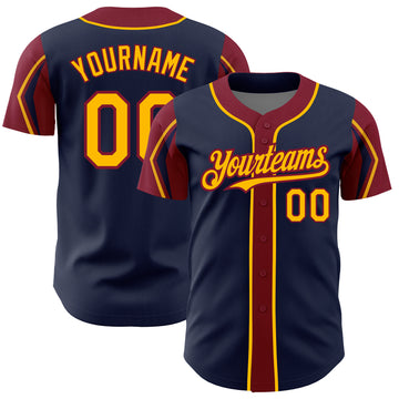 Custom Navy Gold-Crimson 3 Colors Arm Shapes Authentic Baseball Jersey