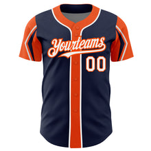Load image into Gallery viewer, Custom Navy White-Orange 3 Colors Arm Shapes Authentic Baseball Jersey
