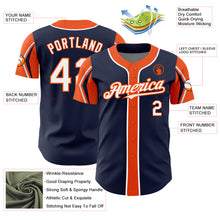 Load image into Gallery viewer, Custom Navy White-Orange 3 Colors Arm Shapes Authentic Baseball Jersey
