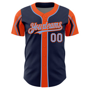 Custom Navy Powder Blue-Orange 3 Colors Arm Shapes Authentic Baseball Jersey