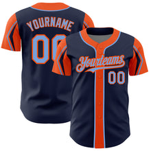 Load image into Gallery viewer, Custom Navy Powder Blue-Orange 3 Colors Arm Shapes Authentic Baseball Jersey

