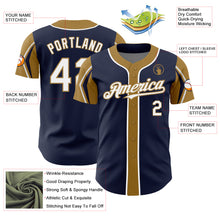 Load image into Gallery viewer, Custom Navy White-Old Gold 3 Colors Arm Shapes Authentic Baseball Jersey
