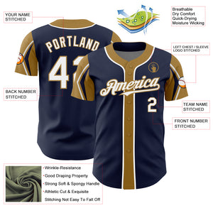 Custom Navy White-Old Gold 3 Colors Arm Shapes Authentic Baseball Jersey
