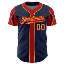 Load image into Gallery viewer, Custom Navy Old Gold-Red 3 Colors Arm Shapes Authentic Baseball Jersey
