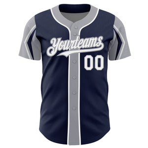 Custom Navy White-Gray 3 Colors Arm Shapes Authentic Baseball Jersey