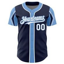 Load image into Gallery viewer, Custom Navy White-Light Blue 3 Colors Arm Shapes Authentic Baseball Jersey
