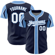 Load image into Gallery viewer, Custom Navy White-Light Blue 3 Colors Arm Shapes Authentic Baseball Jersey
