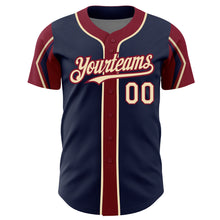 Load image into Gallery viewer, Custom Navy City Cream-Crimson 3 Colors Arm Shapes Authentic Baseball Jersey
