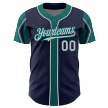 Load image into Gallery viewer, Custom Navy Gray-Teal 3 Colors Arm Shapes Authentic Baseball Jersey
