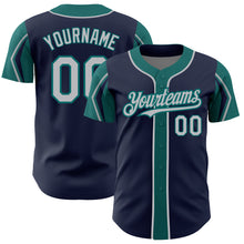 Load image into Gallery viewer, Custom Navy Gray-Teal 3 Colors Arm Shapes Authentic Baseball Jersey
