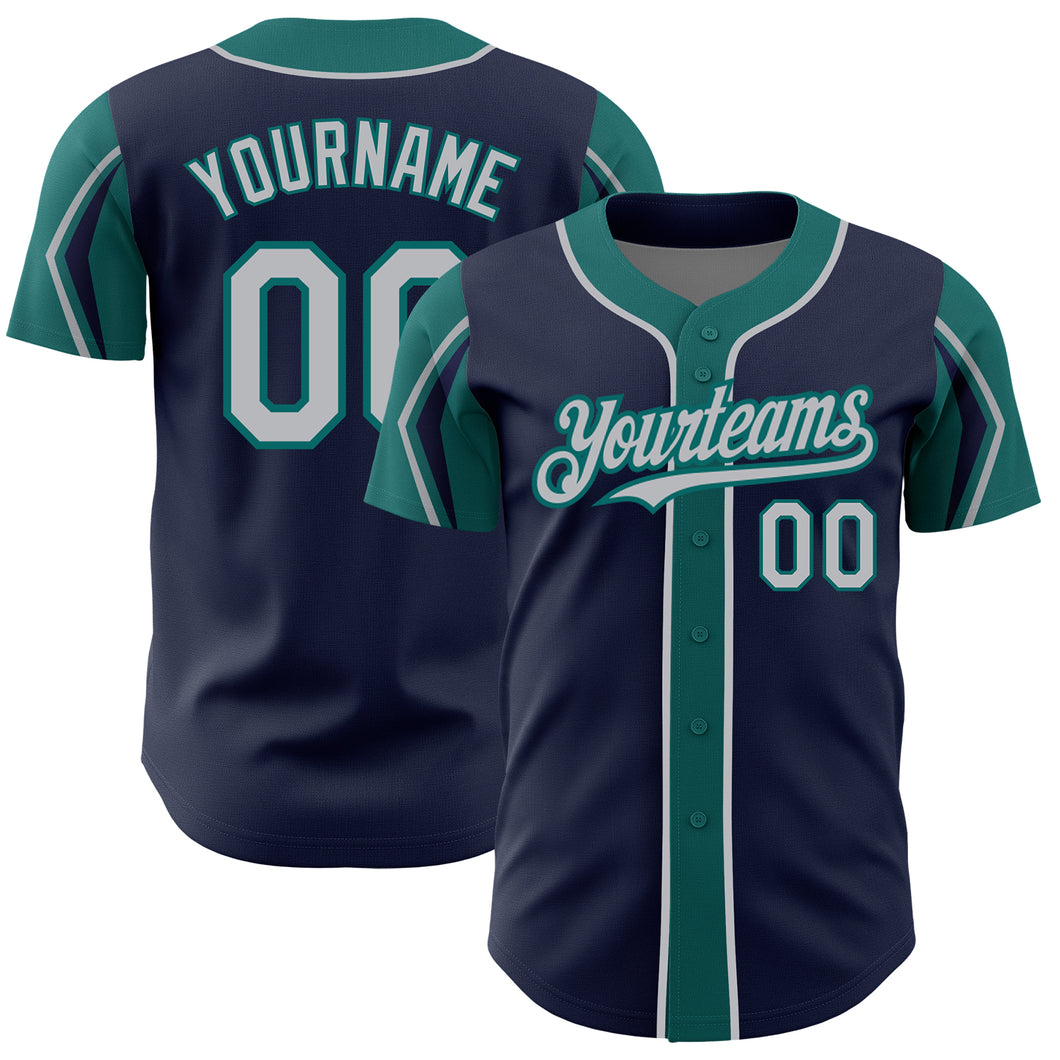 Custom Navy Gray-Teal 3 Colors Arm Shapes Authentic Baseball Jersey